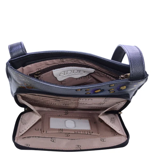 Anna by Anuschka Women's Hand Painted Leather Slim Shoulder Organizer - Rose Safari Grey