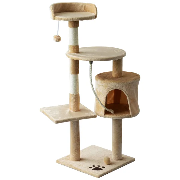 PawHut 45x22 Plush Sturdy Interactive Cat Condo Tower Scratching Post Activity Tree House - Beige - White