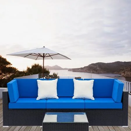 Patio Furniture Sets, 4 Piece Patio Conversation Set with Coffee Table and Blue Cushions, All-Weather Rattan Wicker Outdoor Sect