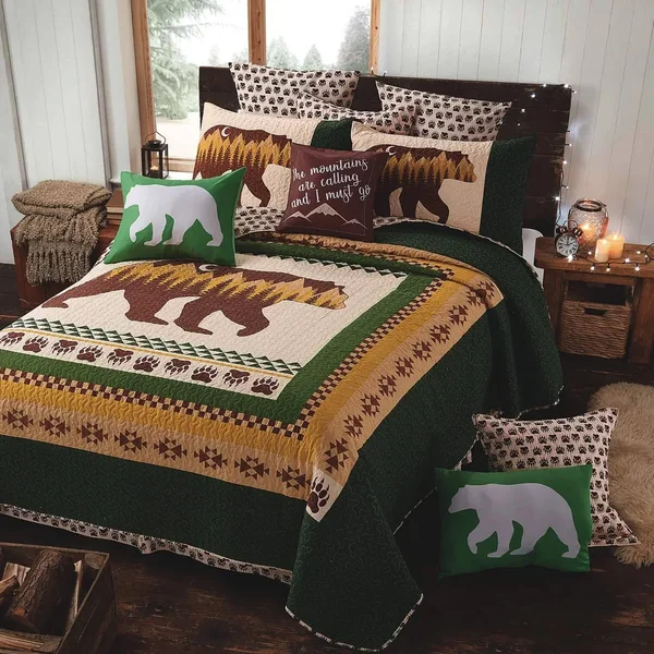 Quilt Bedding Set in Full/Queen by Virah Bella - Moon Bear Olive Printed Lightweight Reversible Quilt with 2 Matching Pillow Sha