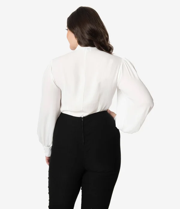 Unique Vintage Plus Size White Neck Tie Gwen Blouse, Size 2X/18