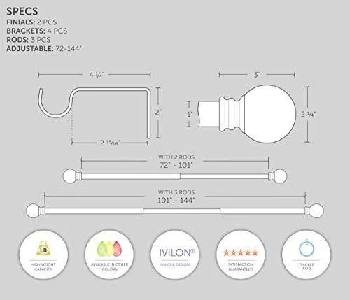 Ivilon Curtain Rod with Ball Finials - 1 inch Pole. 72 to 144 inch. Satin Nickel