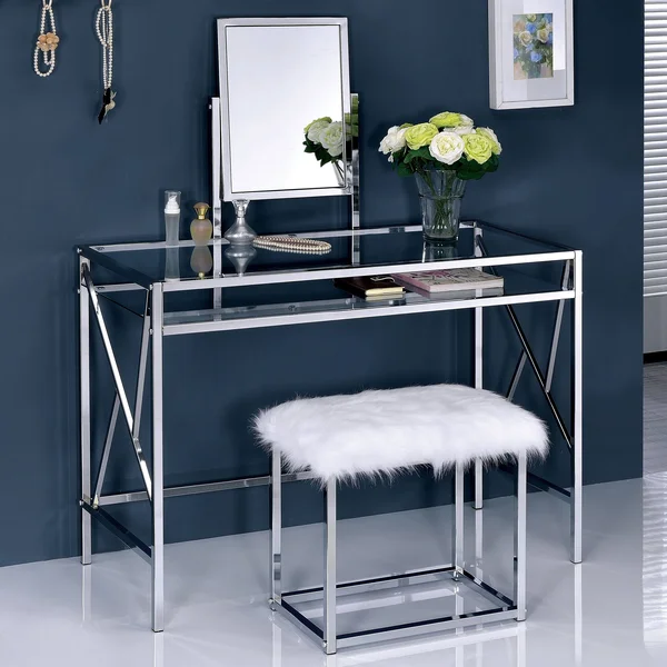 Furniture of America Ailees Metal Glass Contemporary Glam 2-Piece Vanity Table Set with Faux Fur Stool (Chrome Finish - Silver)