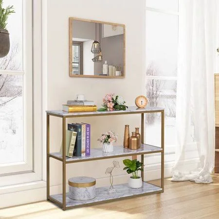 Kepooman 3-Layer Console Table - Gold Frame Veneer Sofa Entrance Table, Home Bookshelf, White Marble, Size: 43 x 14 x 32