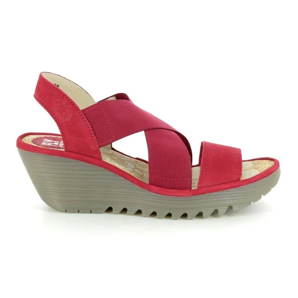 Fly London P500888 Yaji Red Leather Womens Wedge Sandals