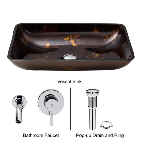 Vigo VGT278 Rectangular Brown and Gold Fusion Glass Vessel Sink and Wall Mount Faucet Set - Chrome
