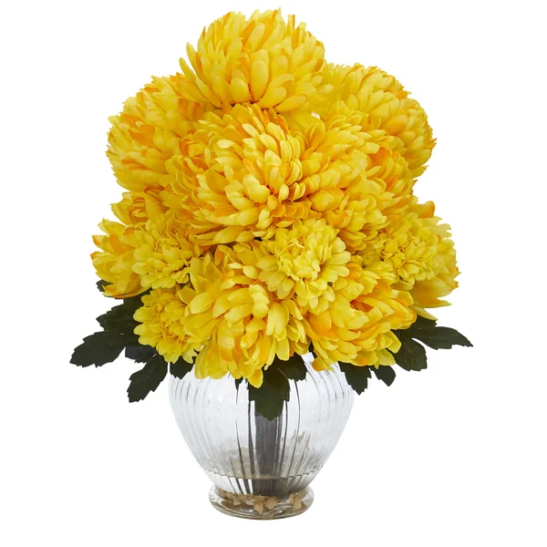 Nearly Natural Mum Artificial Arrangement in Vase - Yellow