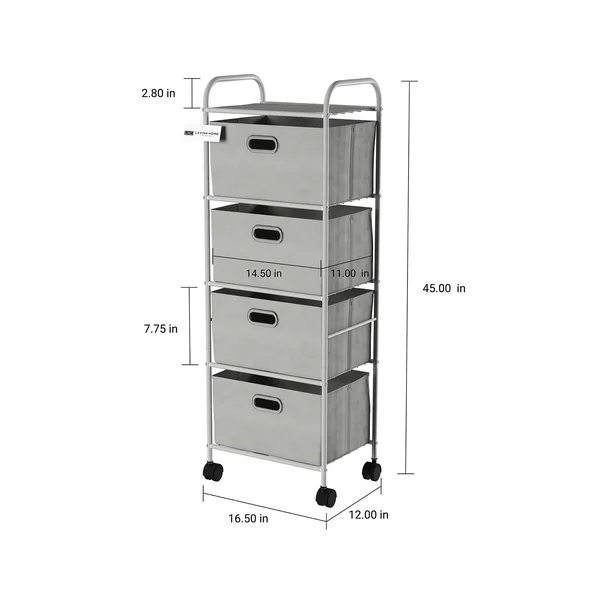 Lavish Home 4 Fabric Drawer Rolling Storage Cart - Grey
