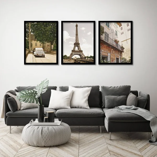 Americanflat Triptych Wall Art Day in Paris by Hope Bainbridge - Set of 3 Black Framed Prints - Size: 18 x 24, Pink