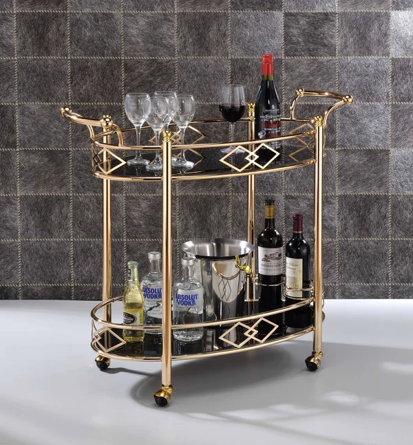 Benzara Metal Framed Serving Cart with Tempered Glass Top and Open Bottom Shelf - Gold and Black
