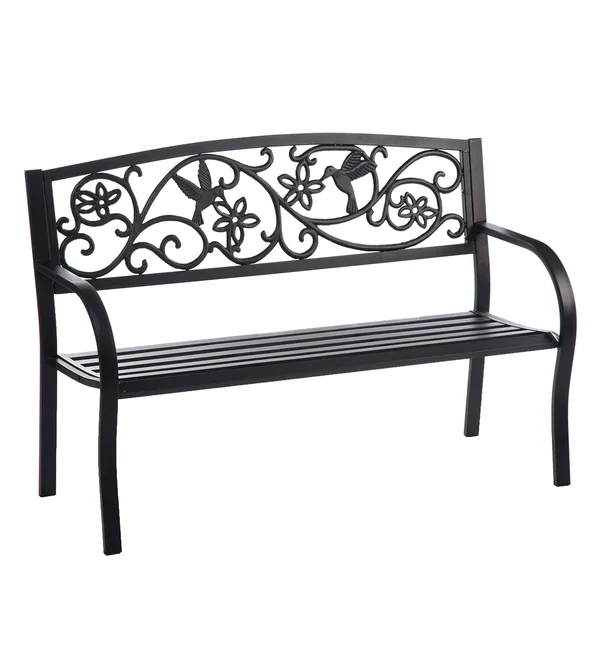 Cast Aluminum Outdoor Garden Bench with Hummingbird Design, Black