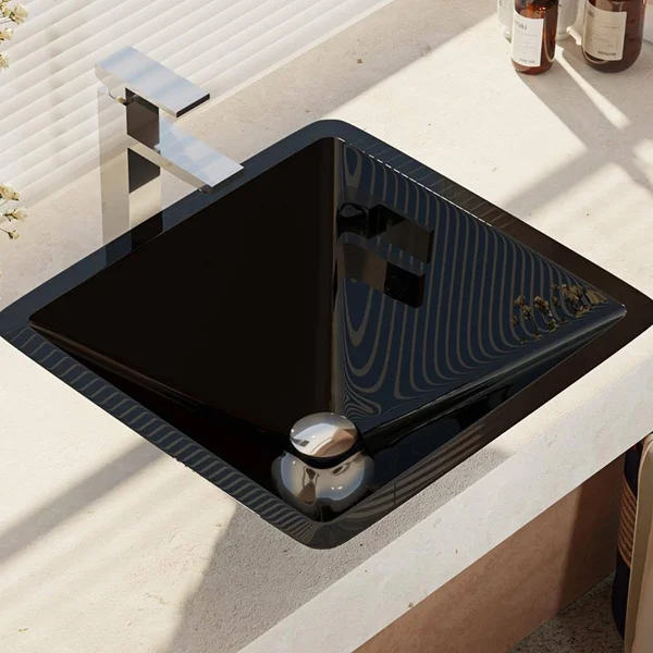 Rene R5-5003-NOR-R9-7003 16-1/2x22 Glass Vessel Bathroom Sink with Vessel Faucet Noir Dark, Chrome