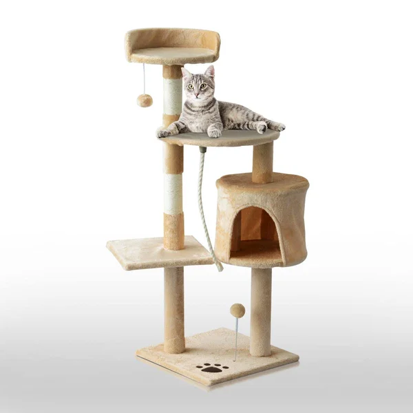 PawHut 45x22 Plush Sturdy Interactive Cat Condo Tower Scratching Post Activity Tree House - Beige - White