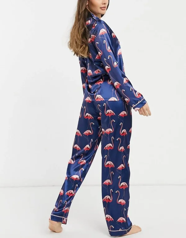 Night Satin Long Pajama Set with Flamingo Print in Navy - ASOS Outlet