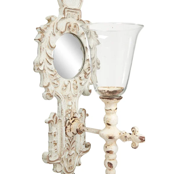 Monroe Lane 17 in x 24 in Large Vintage Distressed White Metal & Wood Wall Sconce with 2 Candle Lanterns - White