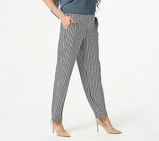 Susan Graver Regular Printed Liquid KnitPull-On Pants - Size Large, Ivory Hndstooth