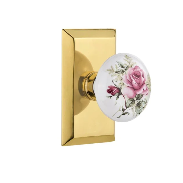 Nostalgic Warehouse 711219 Studio Plate Privacy White Rose Porcelain Door Knob, Polished Brass