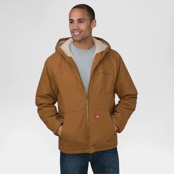 Dickies Men's Sanded Duck Sherpa Lined Hooded Jacket, Brown Duck