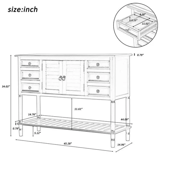 Solid Wood Console Table with 6 Drawers 1 Cabinets - 1 Shelf, Light Green - MDF