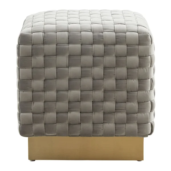 LeisureMod Myrtle 19x22 Square Weave Design Velvet Ottoman with Gold Base Dark Grey