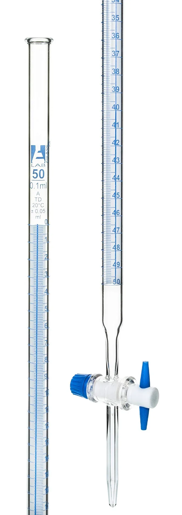 50ml Shellbach Glass Burette - Class A - PTFE Stopcock - Eisco Labs