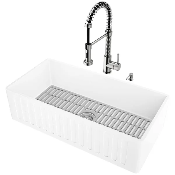 Vigo Matte Stone White Composite 36 in. Single Bowl Farmhouse Kitchen Sink with Faucet in Stainless Steel and Accessories, Matte