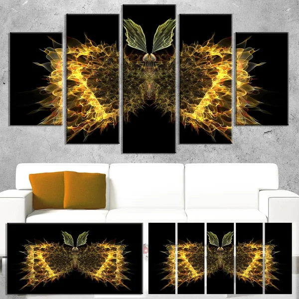 Design Art Golden Fractal Butterfly in Dark - Large Abstract Art Canvas Print - Yellow, 60 in. Wide x 28 in. High - 5 Equal Pane