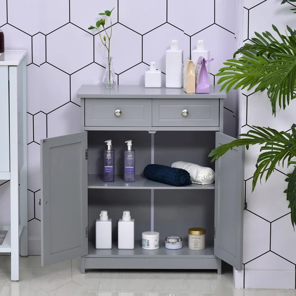 Kleankin Freestanding Bathroom Storage Cabinet Organizer Floor Tower with 2 DOOR, 2 Drawers, Adjustable Shelf, Grey