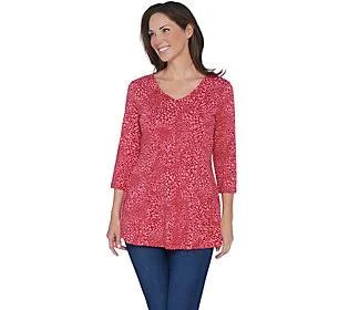Denim & Co. Animal Print 3/4 Sleeve Fit & FlareTunic Top - Size X-Small, Apple Red