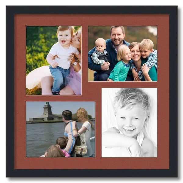 Collage Picture Frame, Satin Black Frame with 4 openings for 8x10 Photos with Brown Cognac Mat. D3926DK5215, ArtToFrames