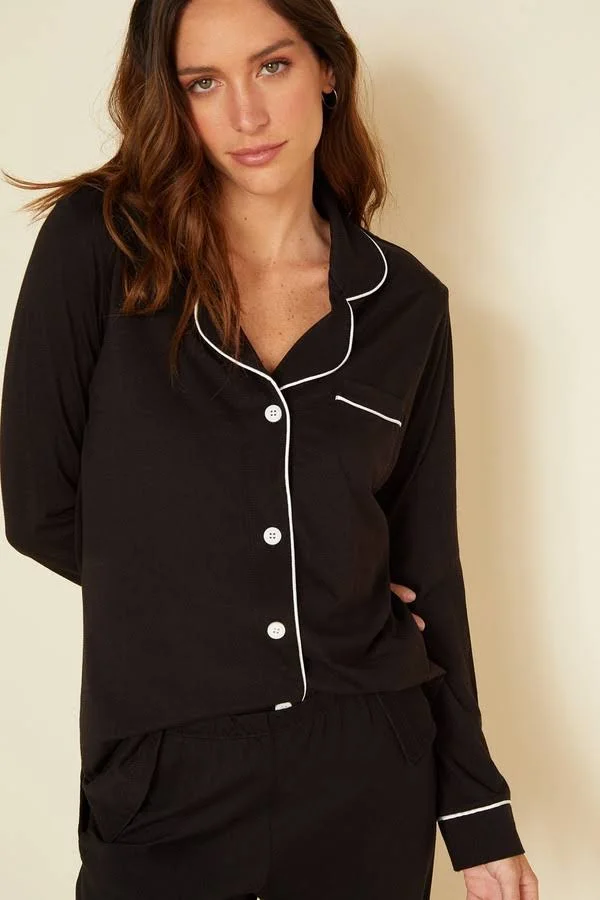 Cosabella Bella Long Sleeve & Pant Pajama Set - Black/Ivory