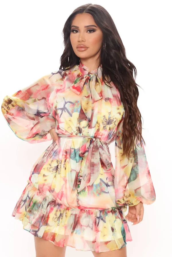 Womens Abstract Love Mini Dress in Yellow Size Small by Fashion Nova
