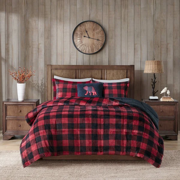 Woolrich Alton Plush to Sherpa Down Alternative Comforter Set (Red/Black Buffalo Check - King)