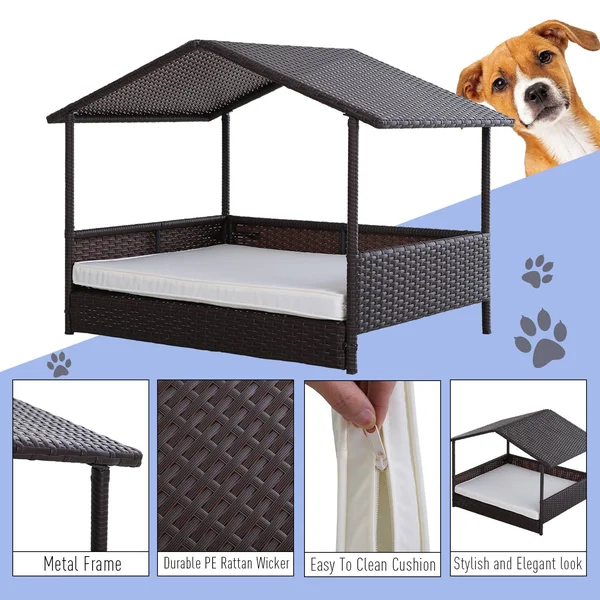 PawHut 4 Sturdy Legs Elevated & Cushioned PE Rattan Dog - Cat House with Comfortable Protective Anti-Slip Sleeping Pad &