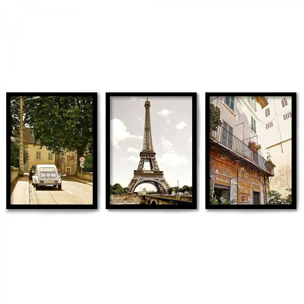 Americanflat Triptych Wall Art Day in Paris by Hope Bainbridge - Set of 3 Black Framed Prints - Size: 18 x 24, Pink