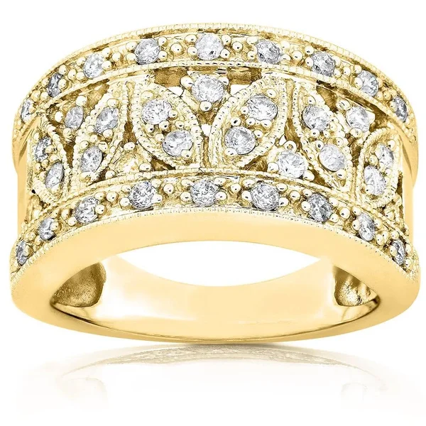Annello by Kobelli 14K Yellow Gold 1/2ct TDW Diamond Floral Wide Band Anniversary Ring (Size: 8) - Women's, H-I