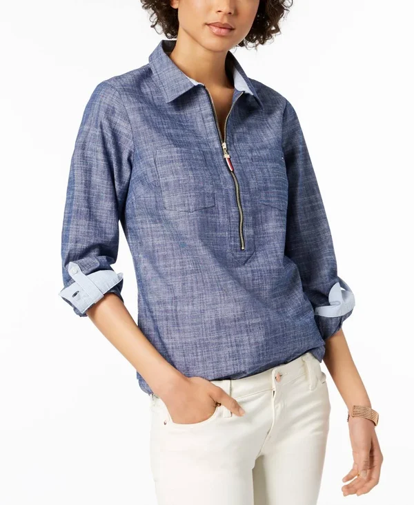 Tommy Hilfiger Women's Half Zip Popover Shirt - Chambray Blue, S