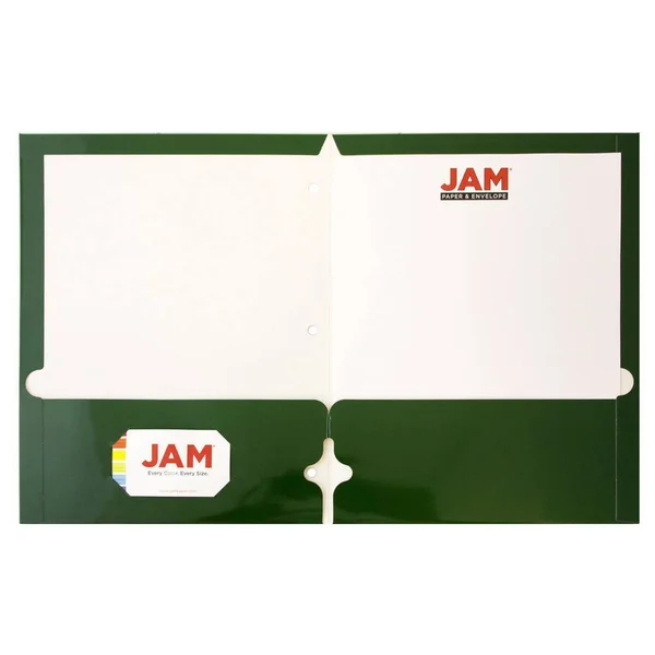 Jam Paper Laminated Glossy 3 Hole Punch Two-Pocket School Folders - Green, Bulk 100/Box (385GHPgrb)