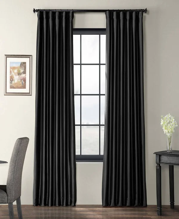 Solid Faux Silk Taffeta Jet Black Curtain Panel