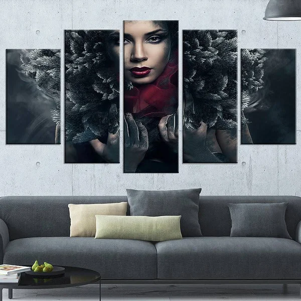 Design Art Passionate Woman in Feather Hood - Art Portrait Canvas Print, 60 x 28 5 Equal Panel