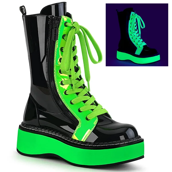 Demonia Women's Emily 350 UV Platform Mid Calf Boot, Size: 10, Black Patent/UV Neon Pink