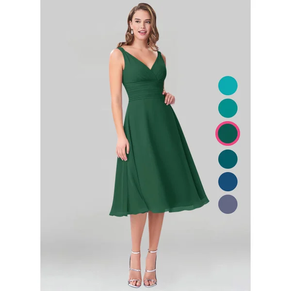 Azazie A-Line/Princess V-Neck Tea-Length Chiffon Bridesmaid Dresses - Dark Green