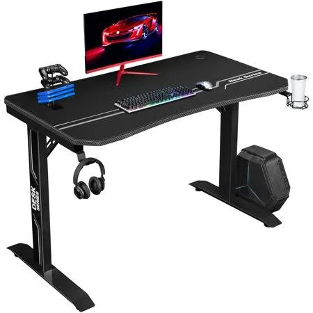 Walnew 44 Inches Widen T-Shape Frame Gaming Computer Desk PC Gaming Desk Racing Style Carbon Fiber Surface Office Desk with Cup