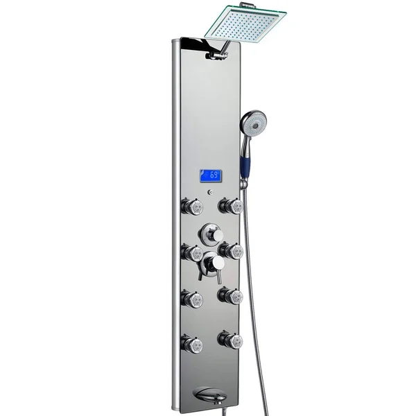 AKDY SP0102 51 in. 8-Jet Multi-Function Tempered Glass Shower Panel System with Rainfall Shower Head in Mirror, Silver