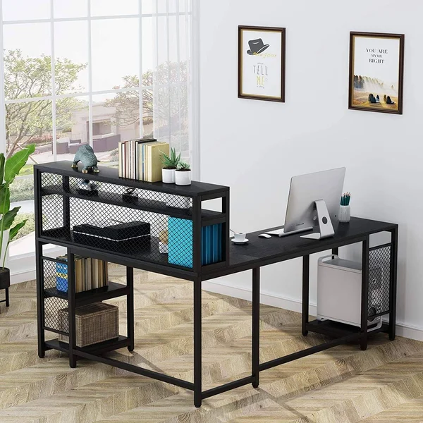 Tribesigns 67 inch Large L-Shaped Computer Desk with Hutch and Bookshelf, Home Office Desk with Storage Shelves and CPU Stand, B