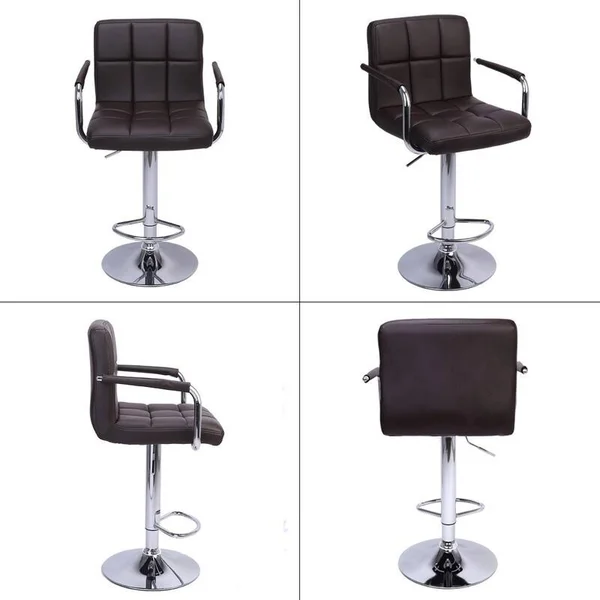 karlinc Modern Square PU Leather Adjustable Bar Stools with Armrest (Set of 2) - Brown