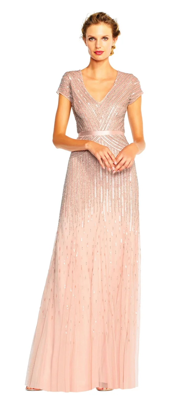 Adrianna Papell Beaded V-Neck Gown - Blush, Size: 18