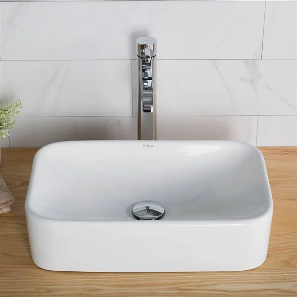 Kraus C-KCV-122-1007SN White Rectangular Ceramic Sink and Ramus Faucet Satin Nickel