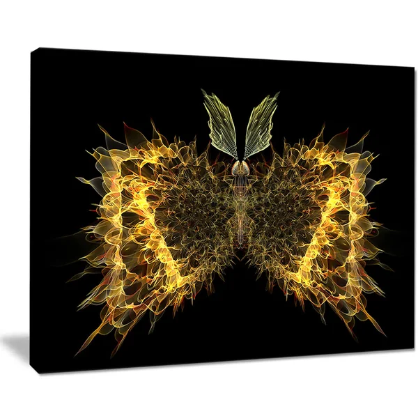 Design Art Golden Fractal Butterfly in Dark - Large Abstract Art Canvas Print - Yellow, 60 in. Wide x 28 in. High - 5 Equal Pane