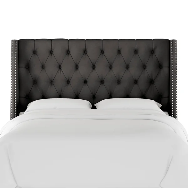 Full Diamond Tufted Wingback Headboard Dark Gray Velvet with Silver Nail Buttons - Skyline Furniture